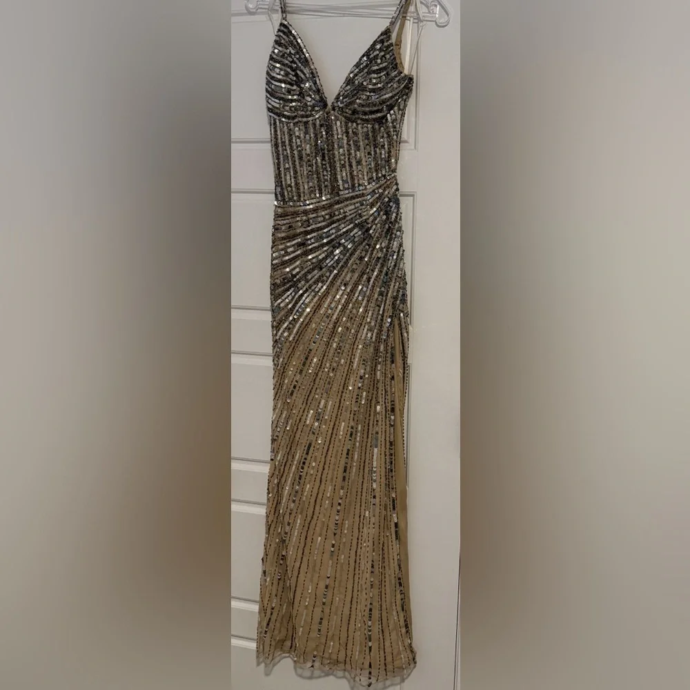 Primavera Gold Spaghetti strap Gown for Prom - Picture 4 of 6